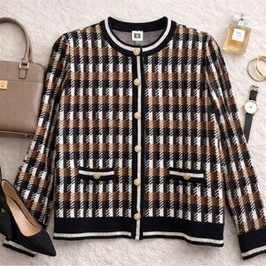 Anne Klein Black and Brown Plaid Cardigan